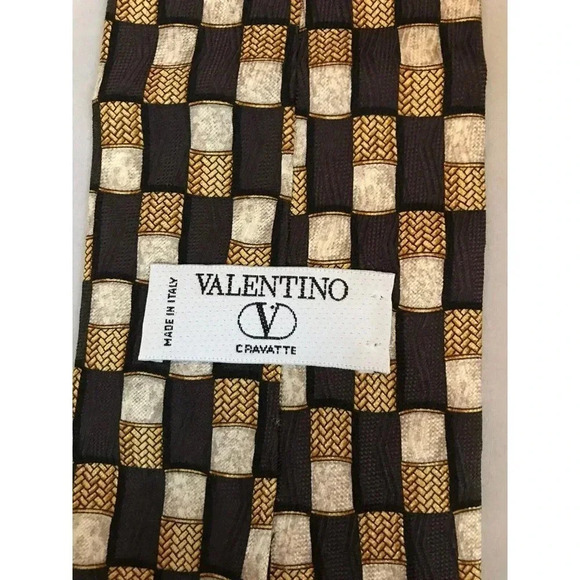 Valentino Cravatte Brown Gold Checker Weave Check 100% Silk Classic Neck Tie - Picture 3 of 5